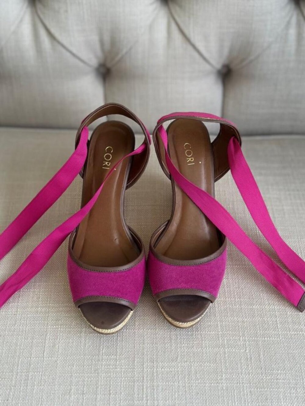 NWT CORI Pink Ankle Tie Wedge Sandals Brazil 34 US 6
